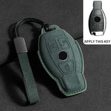 Suede leather key fob case Mercedes Benz in green color with key ring and remote fob design.