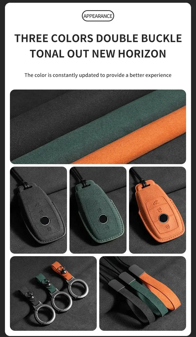 Suede leather key fob case Mercedes Benz in green, black, and orange colors showcasing double buckle design.