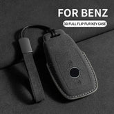 Suede leather key fob case Mercedes Benz 3D full flip fur key case design for enhanced protection and style.