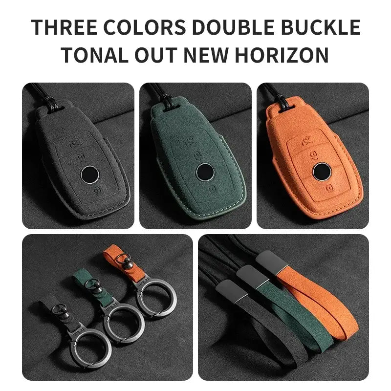 Suede leather key fob case Mercedes Benz in black, green, and orange with double buckle design.
