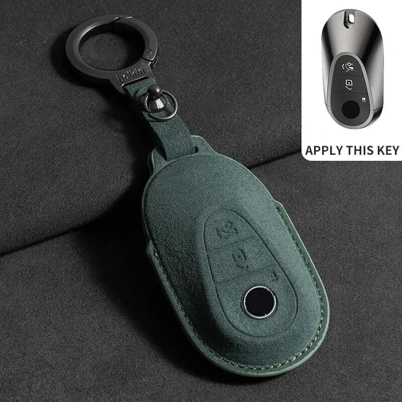 Suede leather key fob case Mercedes Benz in green color for E Class models with remote fob design.