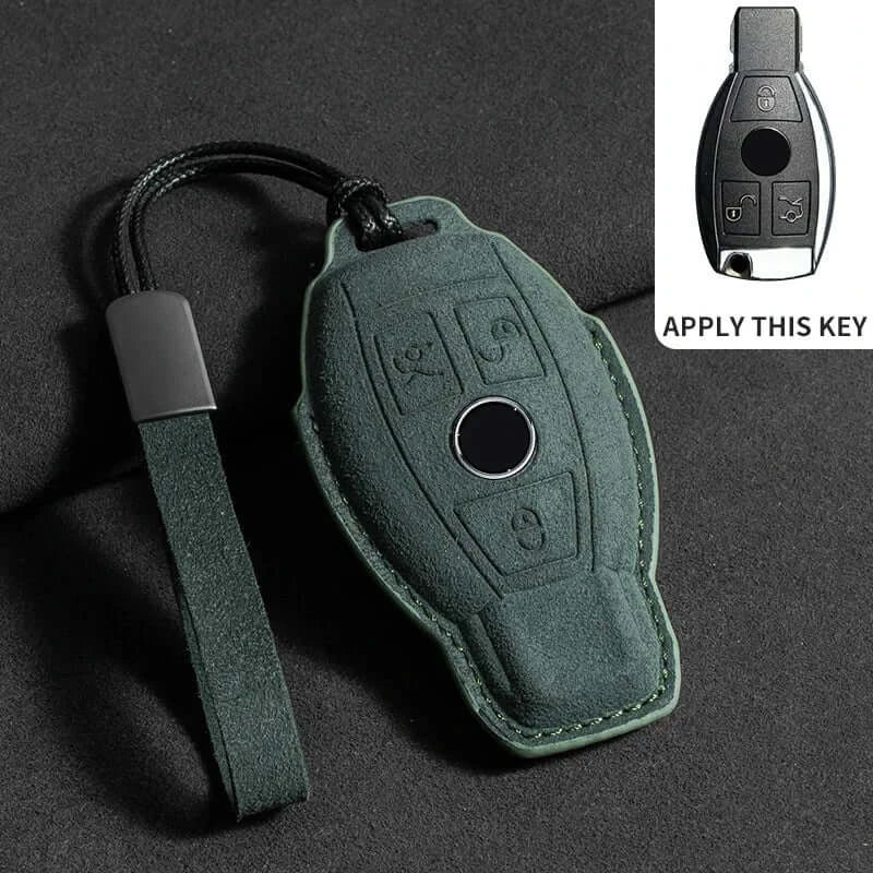 Suede leather key fob case Mercedes Benz in green color with key ring and remote fob design.