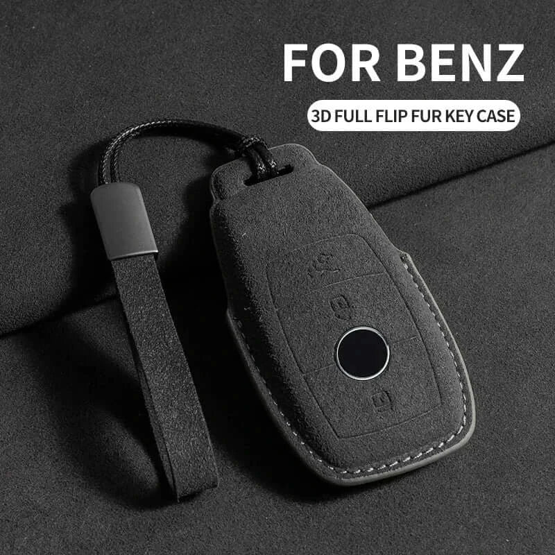 Suede leather key fob case Mercedes Benz 3D full flip fur key case design for enhanced protection and style.