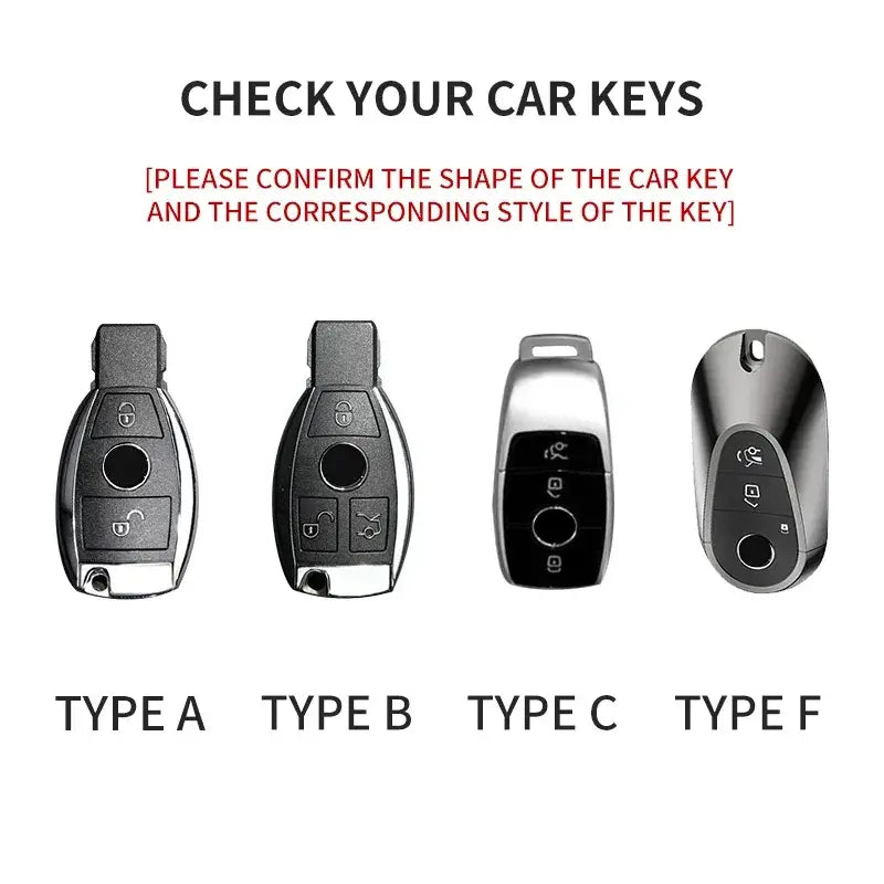 Check car key types for Suede leather key fob case Mercedes Benz: Type A, B, C, and F display.