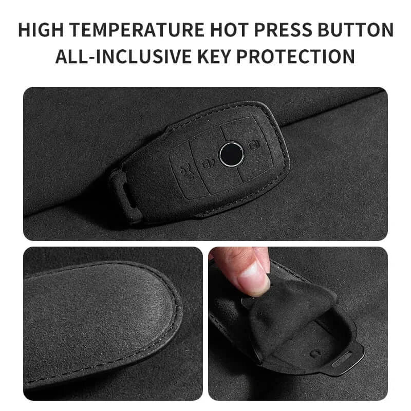Close-up of suede leather key fob case for Mercedes Benz showing high temperature hot press button and key protection features.