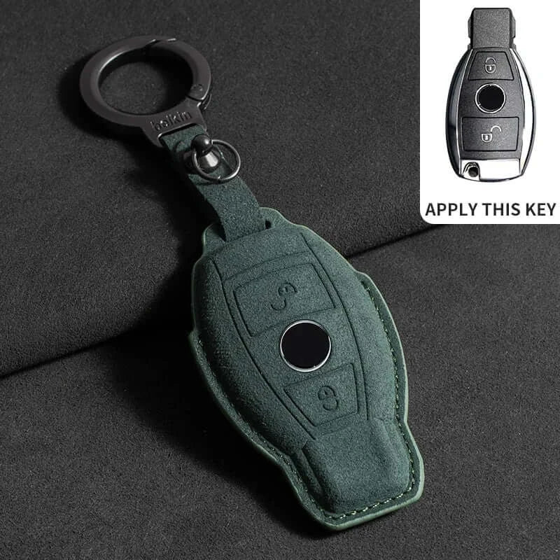 Suede leather key fob case Mercedes Benz, green key holder for remote fob on a dark background.