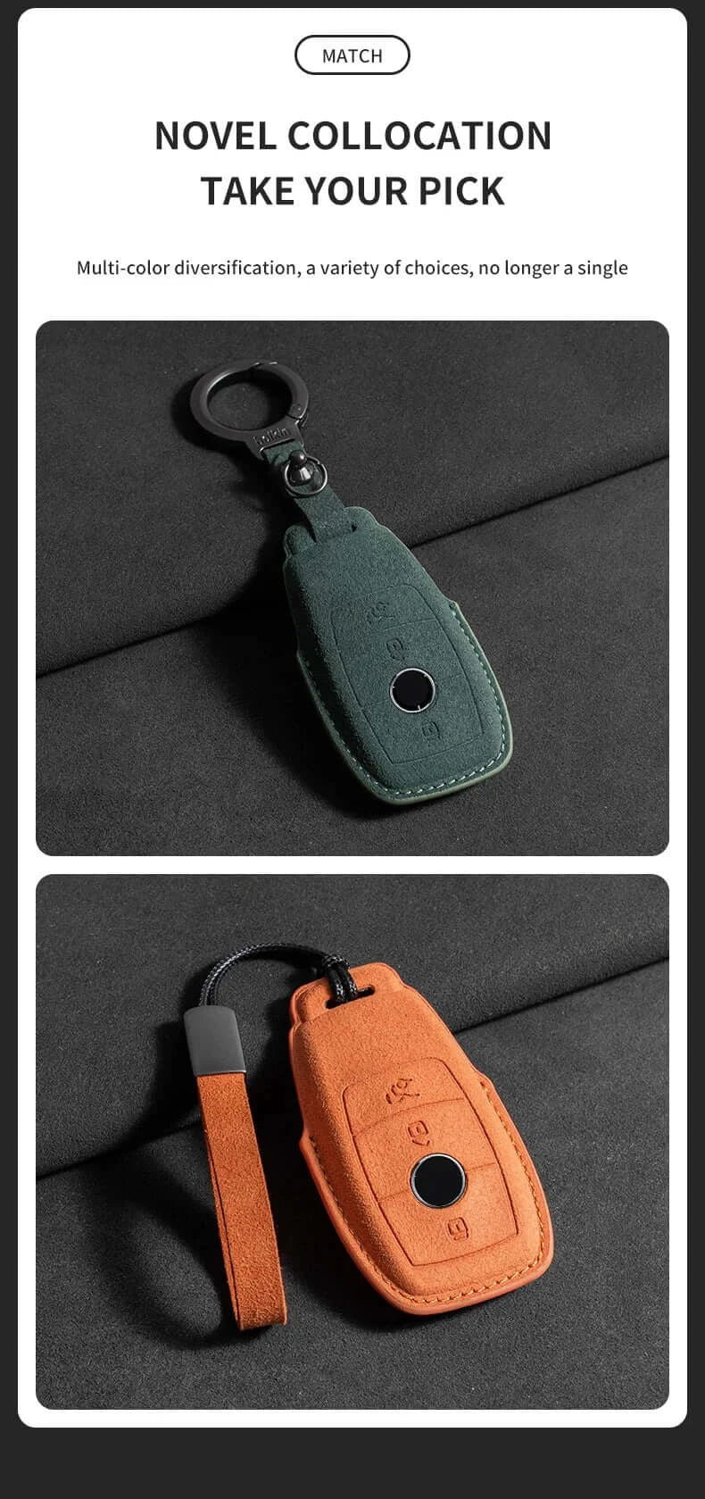 Suede leather key fob case Mercedes Benz in green and orange, showcasing stylish options for car key protection.