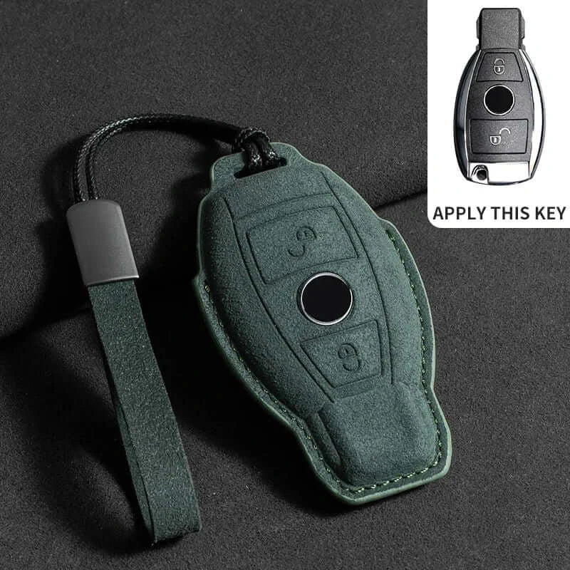 Suede leather key fob case Mercedes Benz for remote key with lanyard in green color.