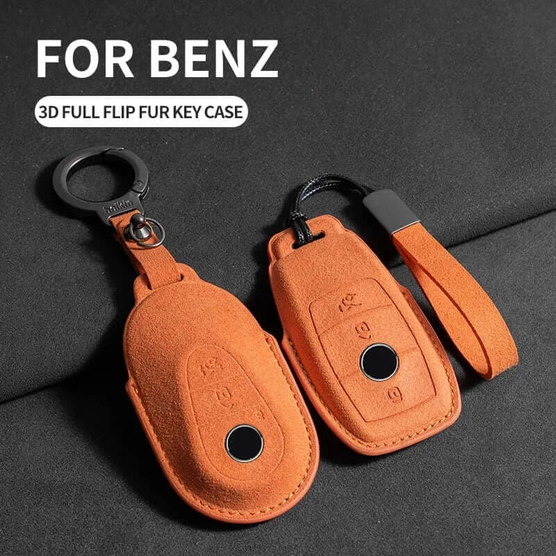 Suede leather key fob case Mercedes Benz, 3D full flip fur key case in orange with keychain.