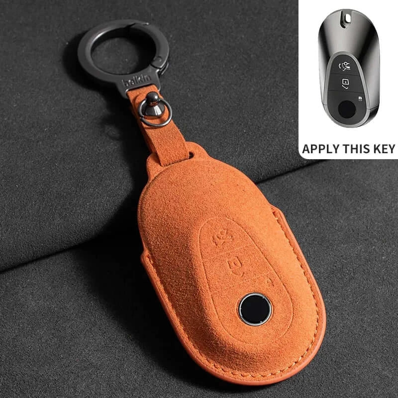 Suede leather key fob case Mercedes Benz in orange color, designed for car remote control protection.