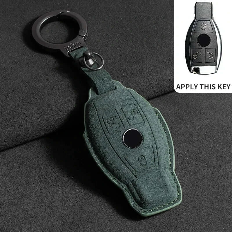Suede leather key fob case Mercedes Benz in green with keyring, designed for E Class and CLA models.
