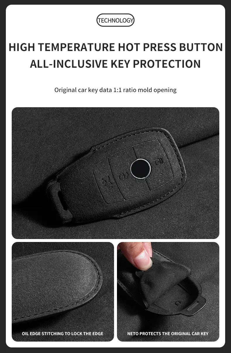 High temperature hot press button key protection image for suede leather key fob case Mercedes Benz.