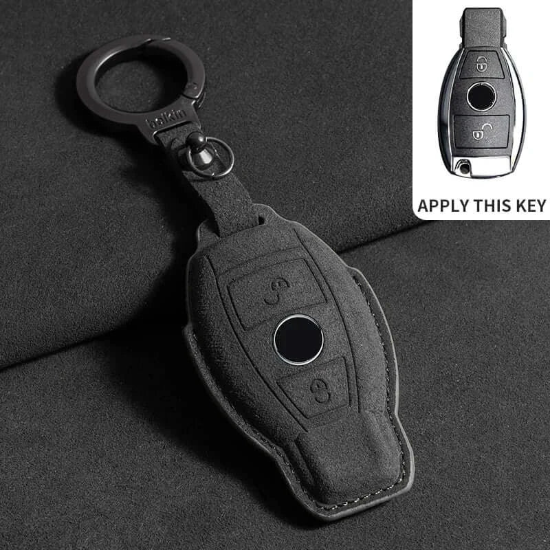 Suede leather key fob case Mercedes Benz on a black surface, designed for remote keys.