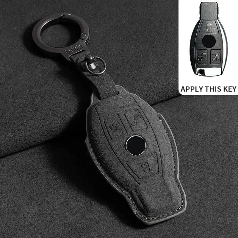 Suede leather key fob case Mercedes Benz with keychain attachment for E Class and AMG models.