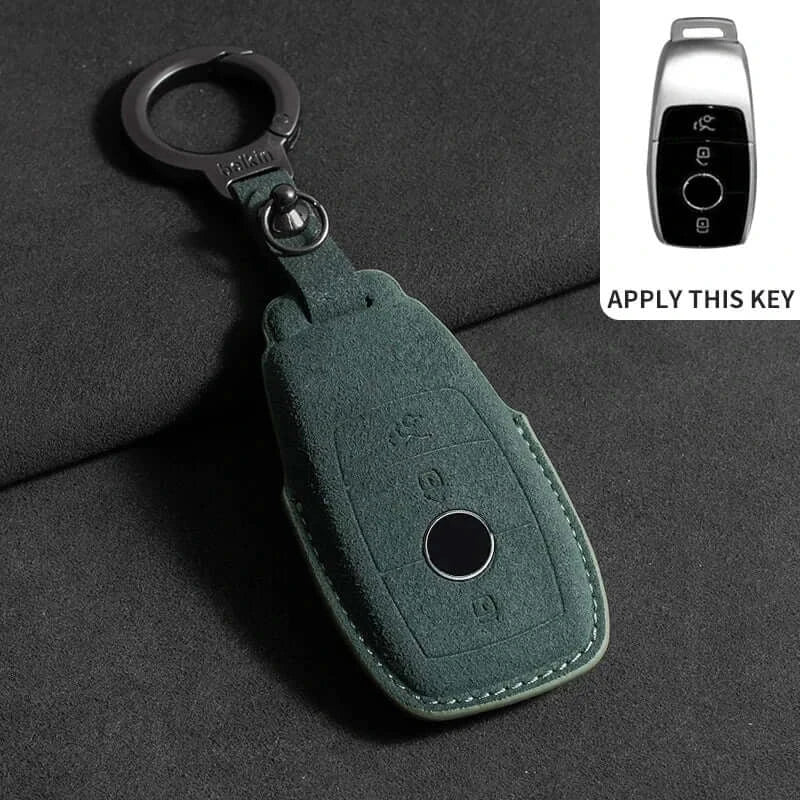 Suede leather key fob case Mercedes Benz in green color, designed for remote fob shells of various models.
