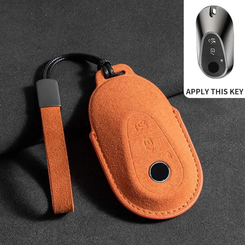 Suede leather key fob case Mercedes Benz in orange color for E Class models with remote fob.