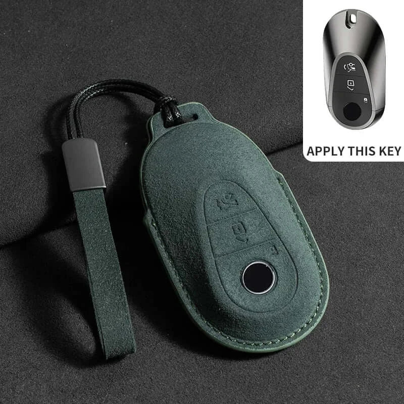 Suede leather key fob case Mercedes Benz in green color for E Class W213 W205 E200 E260 E300 E320 AMG CLA 2018-2020.