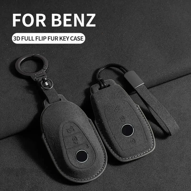 suede leather key fob case Mercedes Benz 3D full flip fur key case with keyring