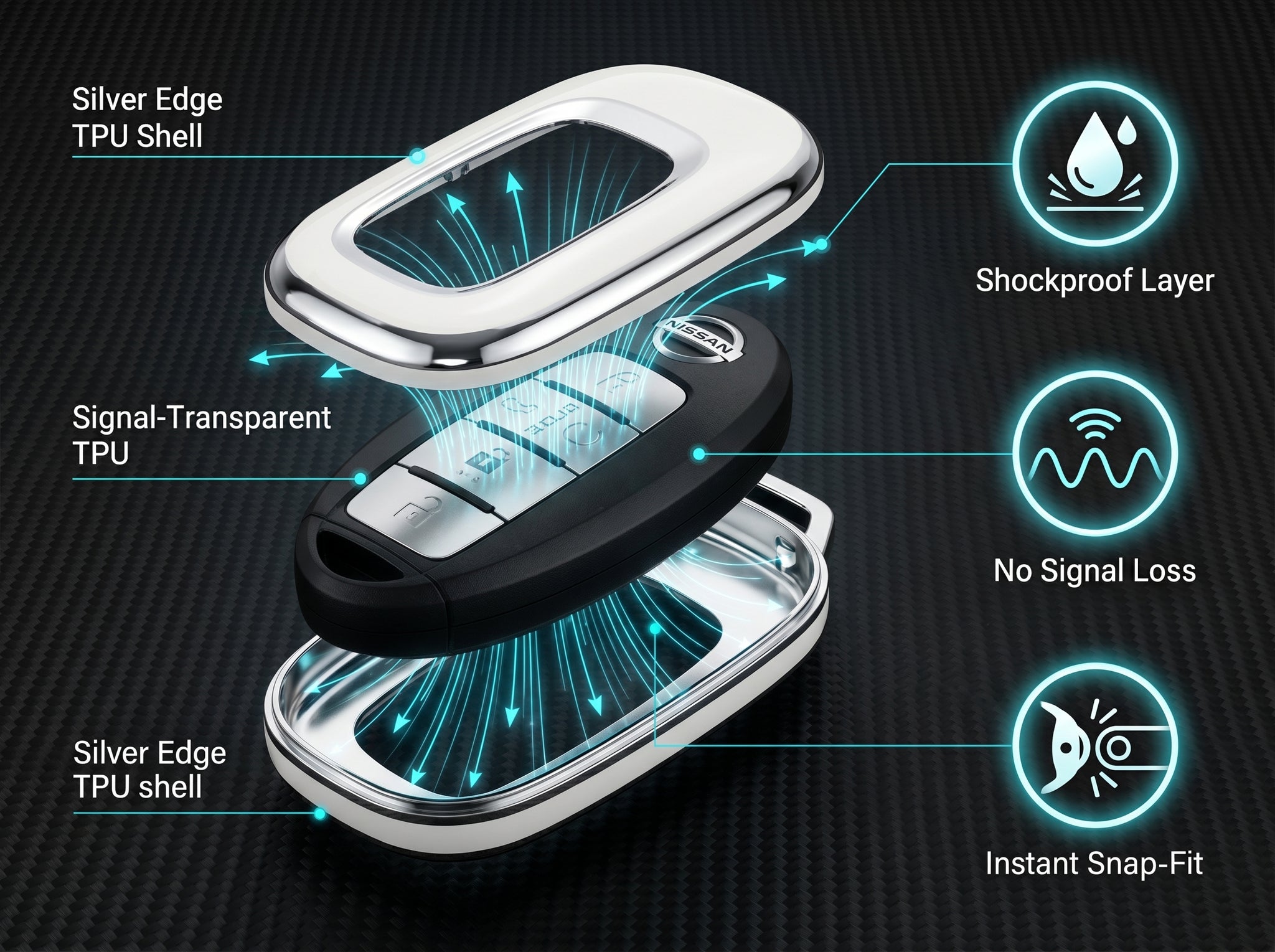Nissan A4 & A5 Remote Key Fob Cover: Silver Edge TPU Shell